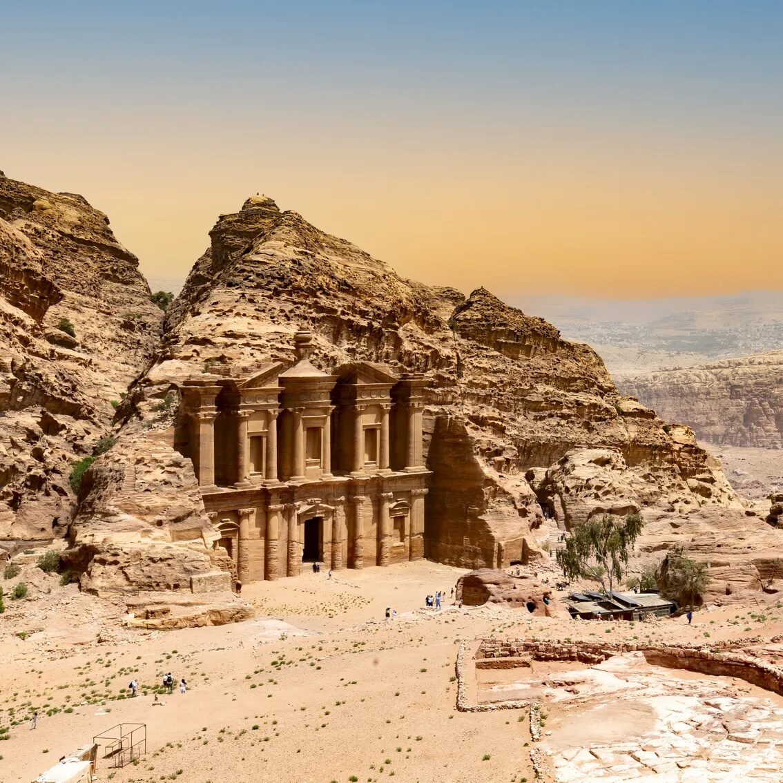 The Monastery or Ad Deir at beautiful sunset in Petra ruin and ancient city of Nabatean kingdom, Jordan, Arab, Asia